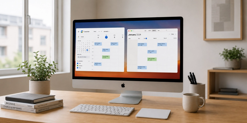 A modern desk setup with an Apple iMac displaying Google Calendar and Apple Calendar side by side, illustrating how to sync google calendar with apple calendar