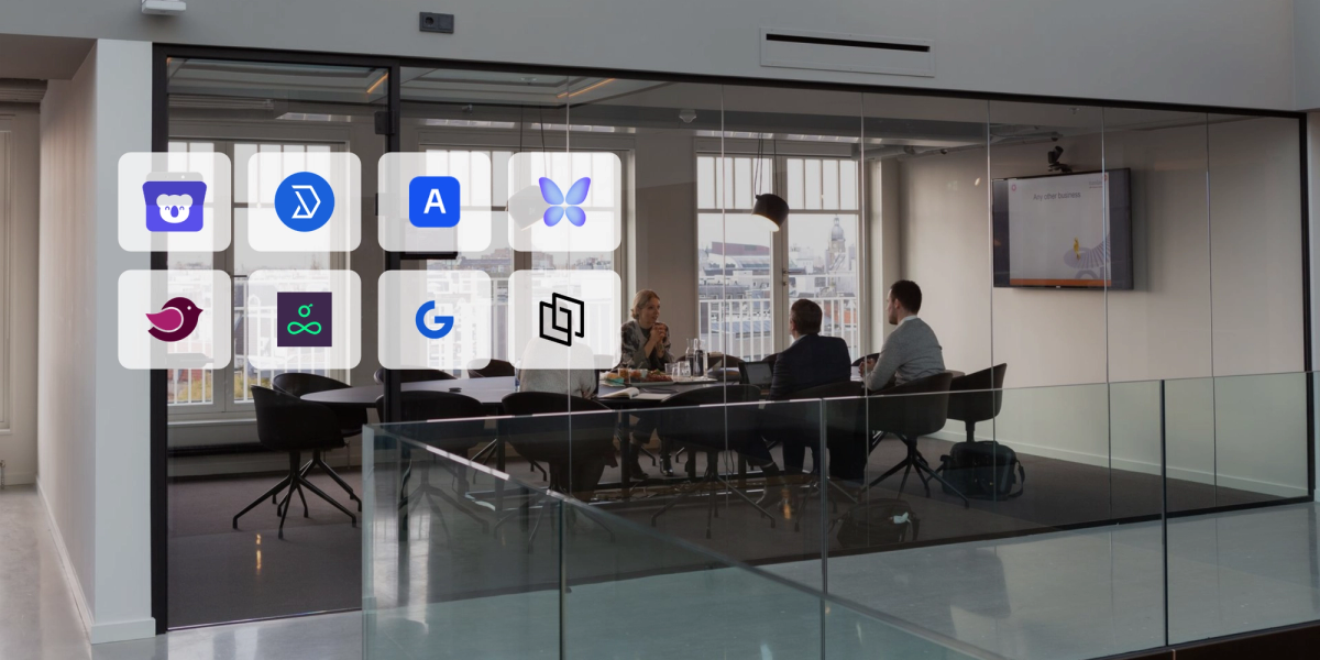 Resource booking software logos overlaid on a glass-walled conference room with people meeting around a table.