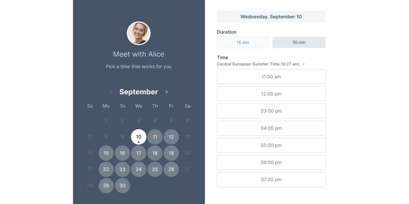 Screenshot of meeting scheduling screen in Koalendar