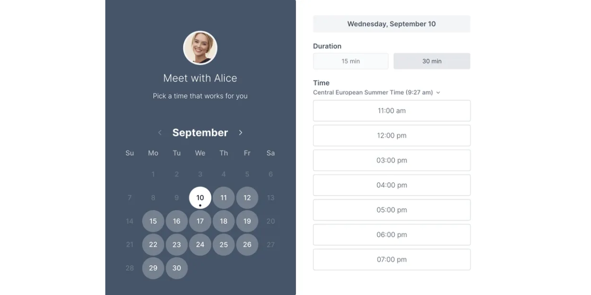 Screenshot of meeting scheduling screen in Koalendar