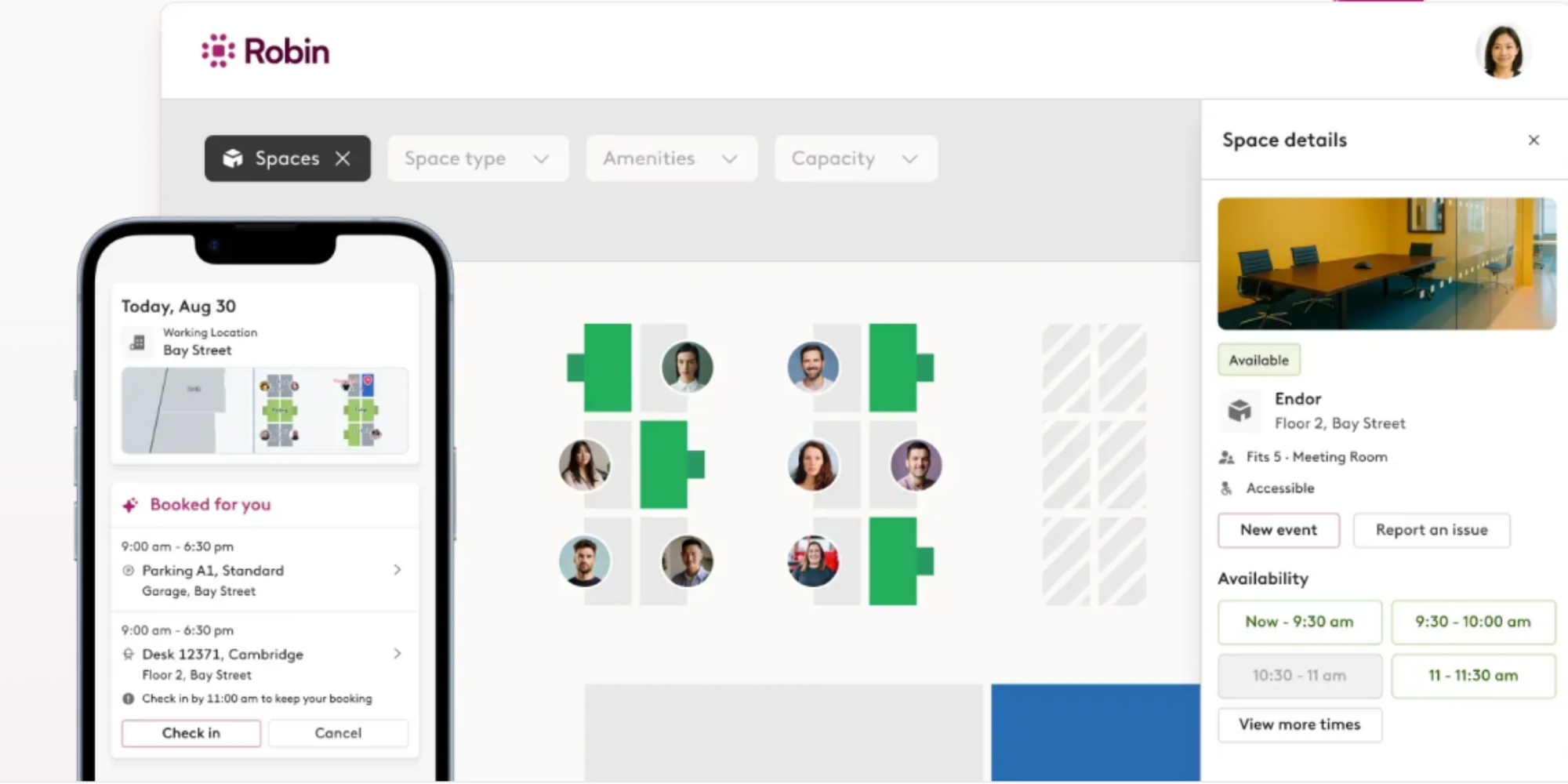 Robin workplace floor plan and space details illustrating Resource booking software.