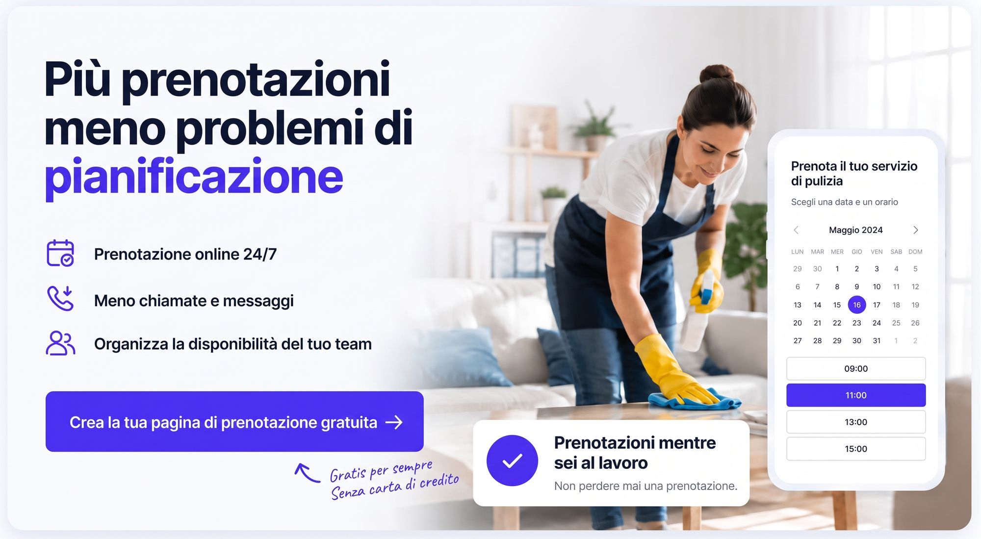 Banner di Koalendar per un'impresa di pulizie che utilizza un sistema di prenotazione di servizi a domicilio.