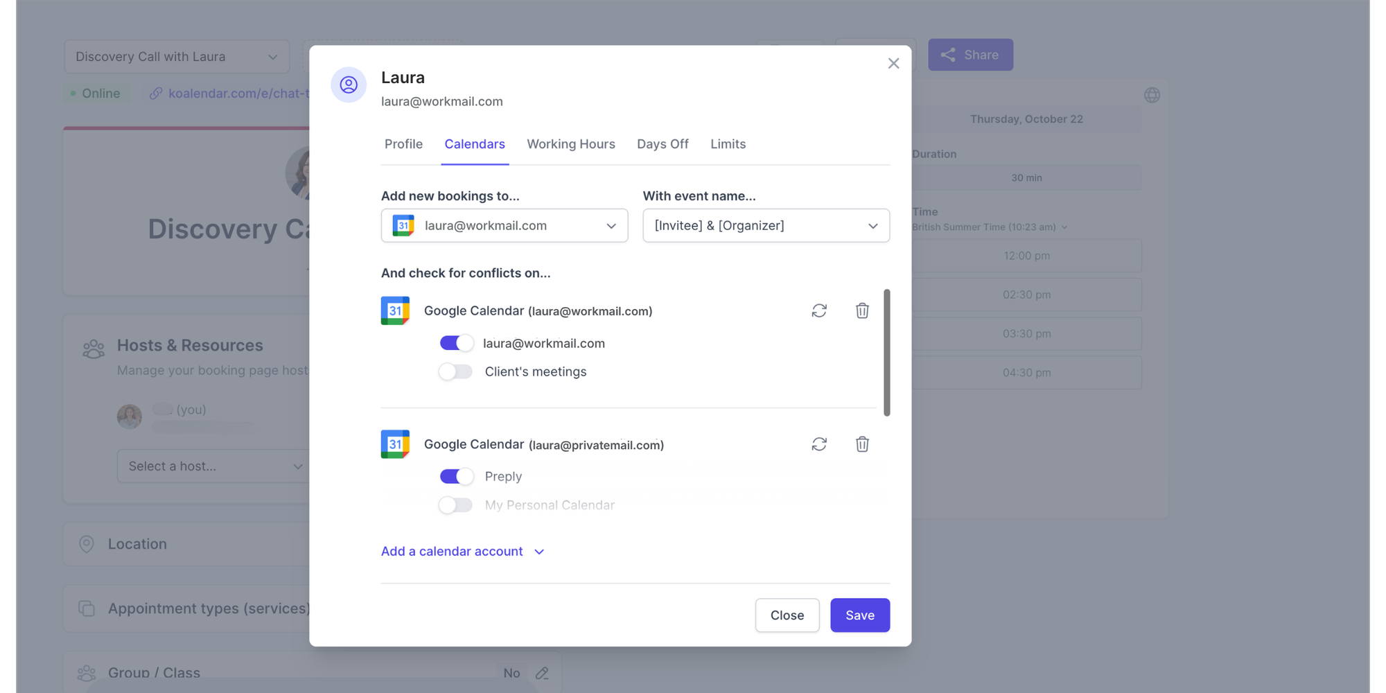 Koalendar settings for syncing bookings and checking Google Calendar conflicts, illustrating an alternative to google workspace cost.