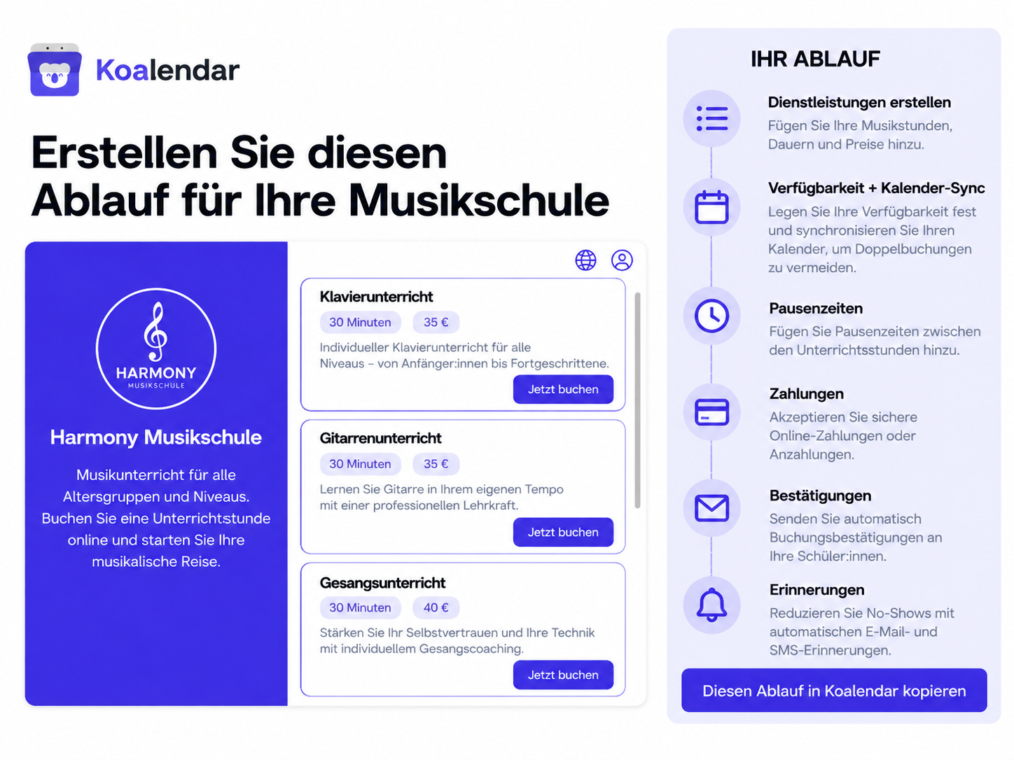 Koalendar-Workflow mit Unterrichtsangeboten, Verfügbarkeiten, Zahlungen und Erinnerungen in einer Terminplanungssoftware für eine Musikschule.