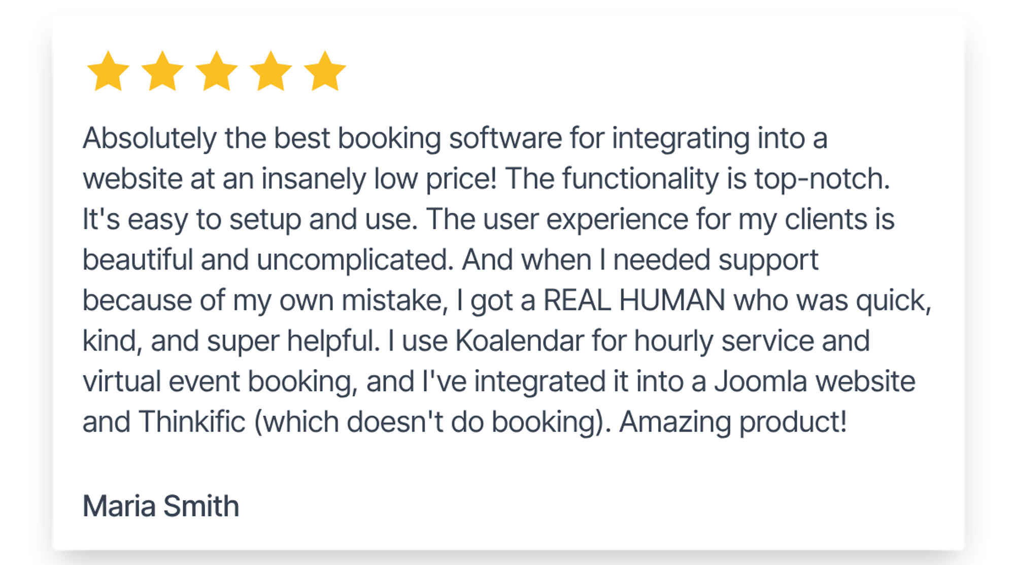 Five-star review by Maria Smith praising Koalendar website integration, booking, and support, relevant to event facility scheduling software.