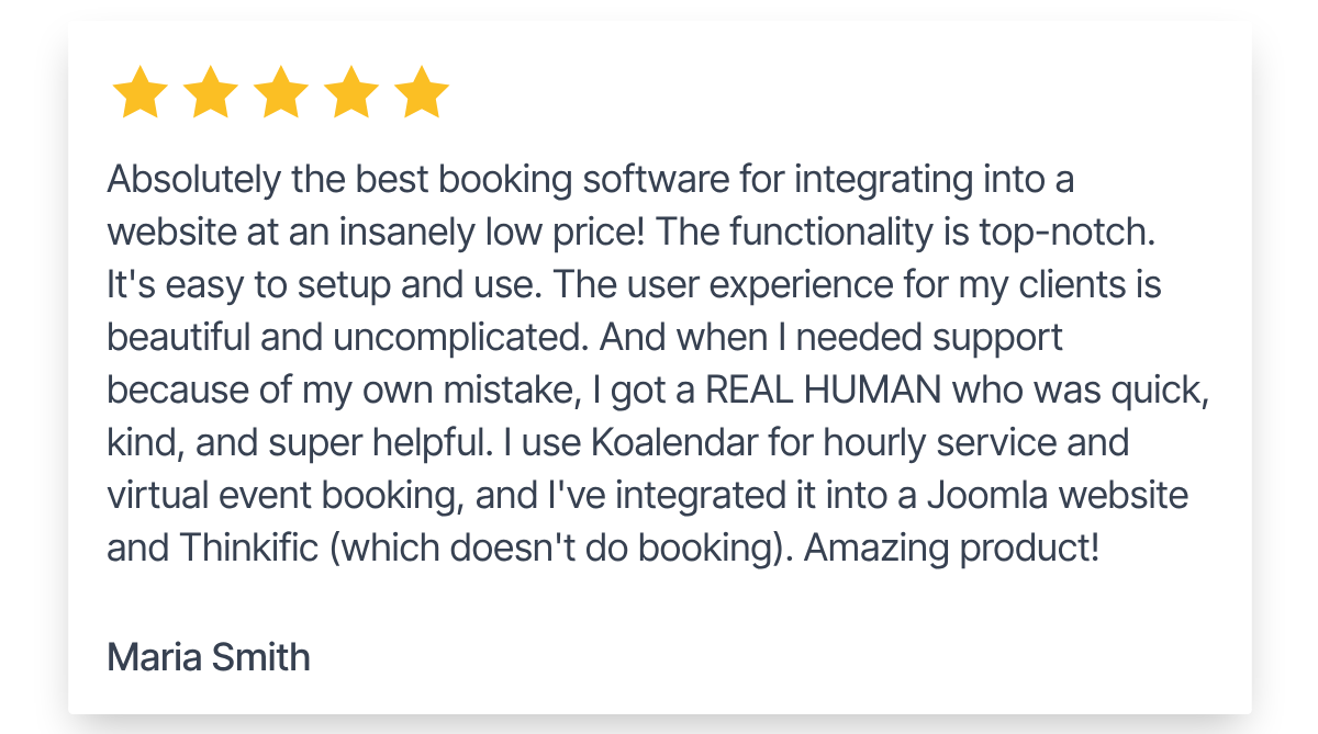 Five-star review by Maria Smith praising Koalendar website integration, booking, and support, relevant to event facility scheduling software.