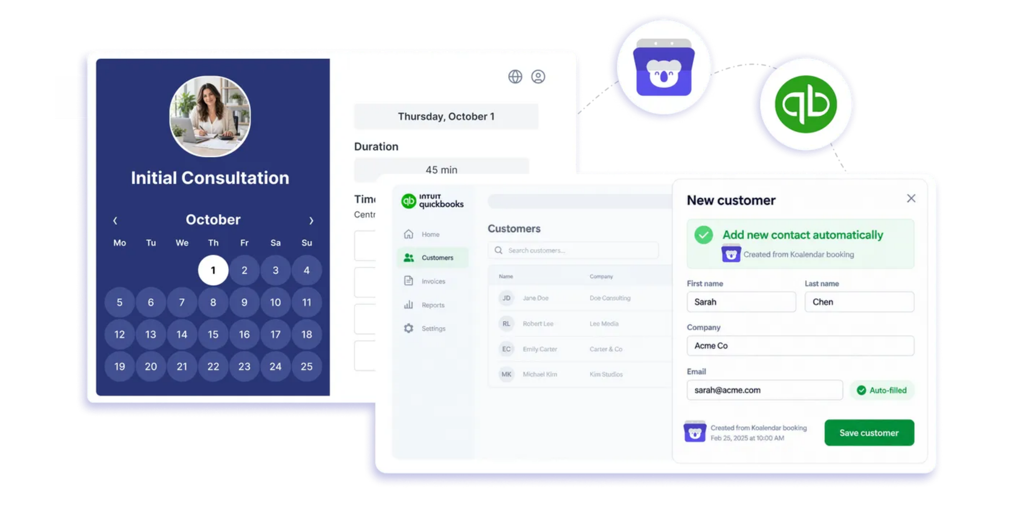 Koalendar booking page alongside a QuickBooks customer form, illustrating scheduling software that works with quickbooks.