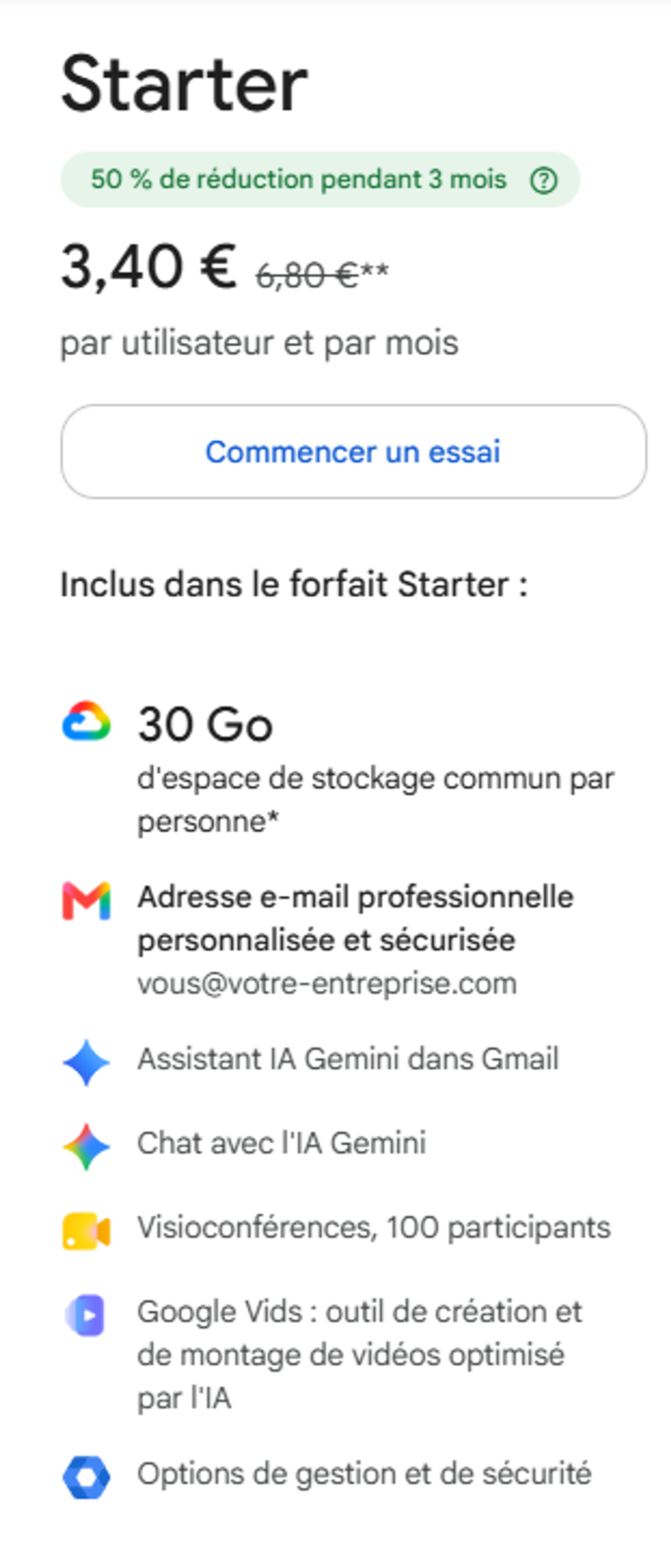 Liste des fonctionnalités du forfait Google Workspace Business Starter