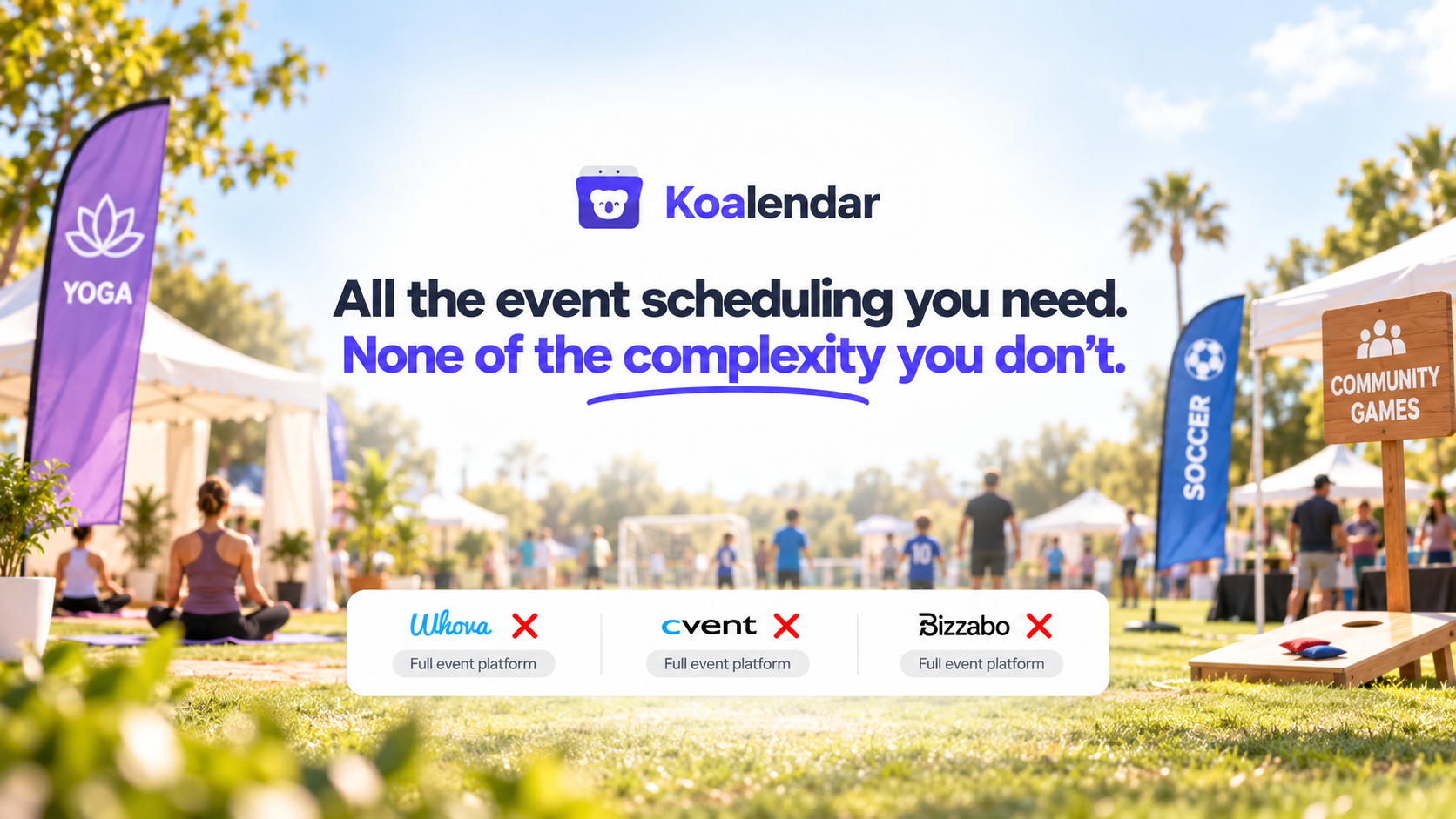 Koalendar banner showing outdoor yoga, soccer, and community activities for organizers comparing event facility scheduling software