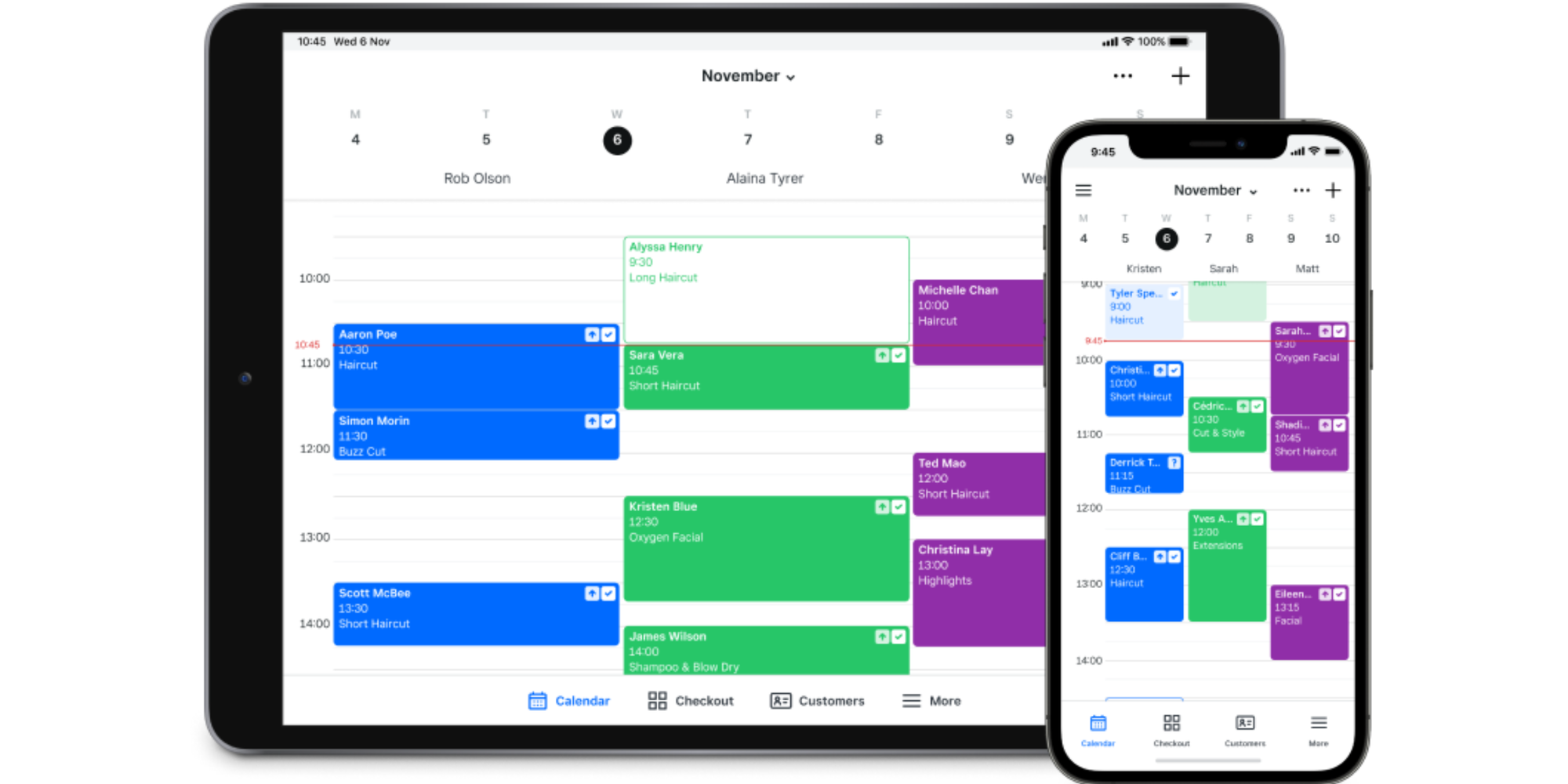 Calendar scheduling in Square Appointments web app, shown on a tablet and a smartphone