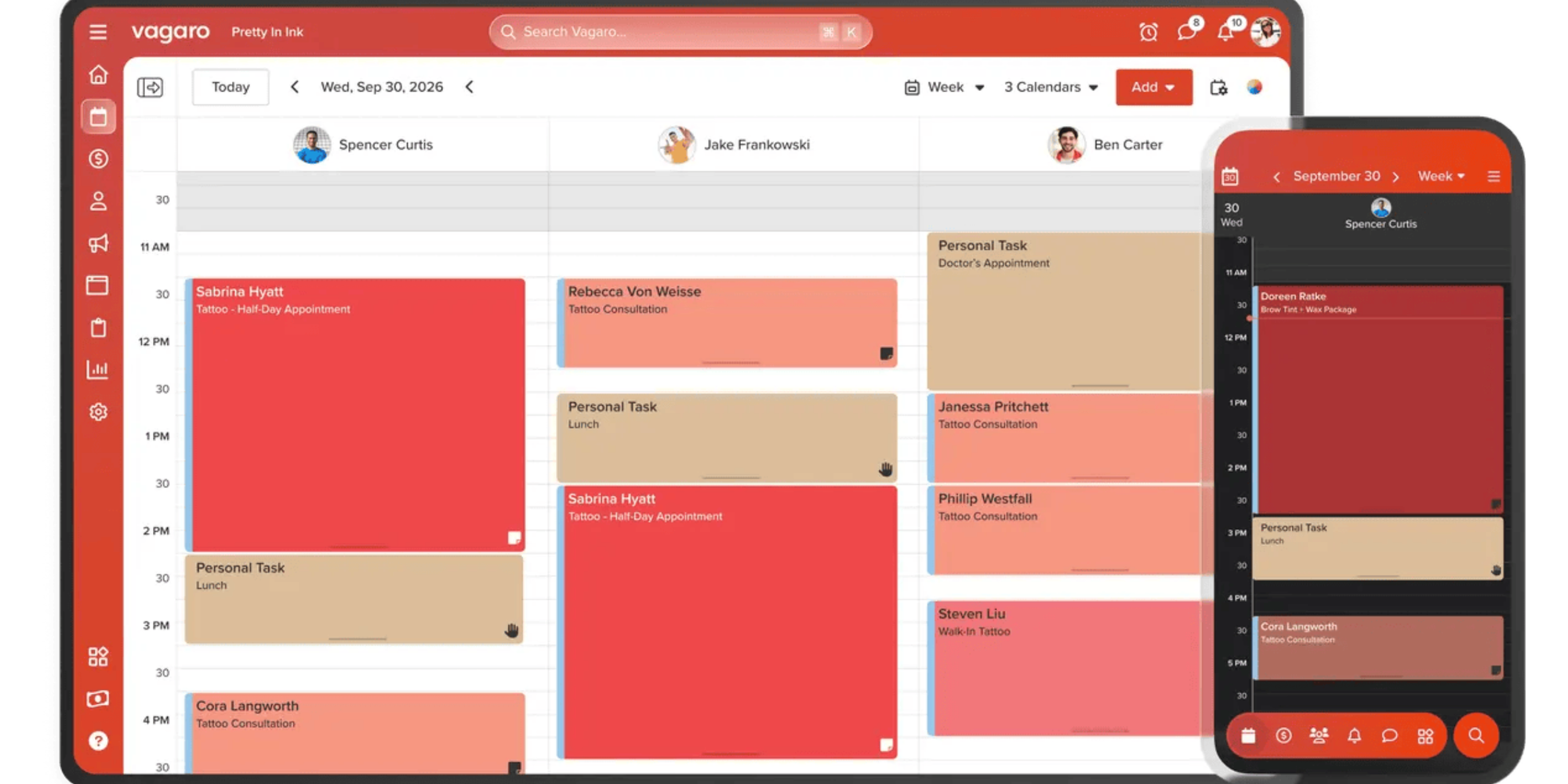 Desktop and mobile view of Vagaro’s calendar screen for a tattoo parlor