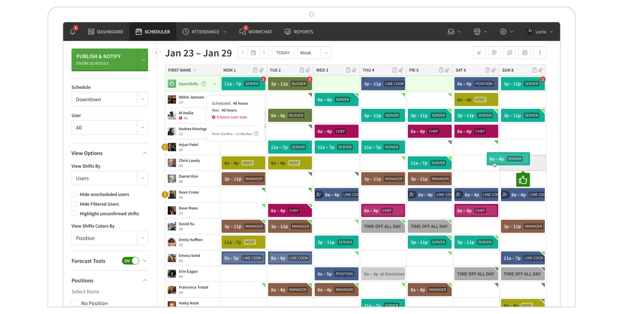 When I Work weekly employee schedule with color-coded shifts, shown among scheduling software that integrates with quickbooks.