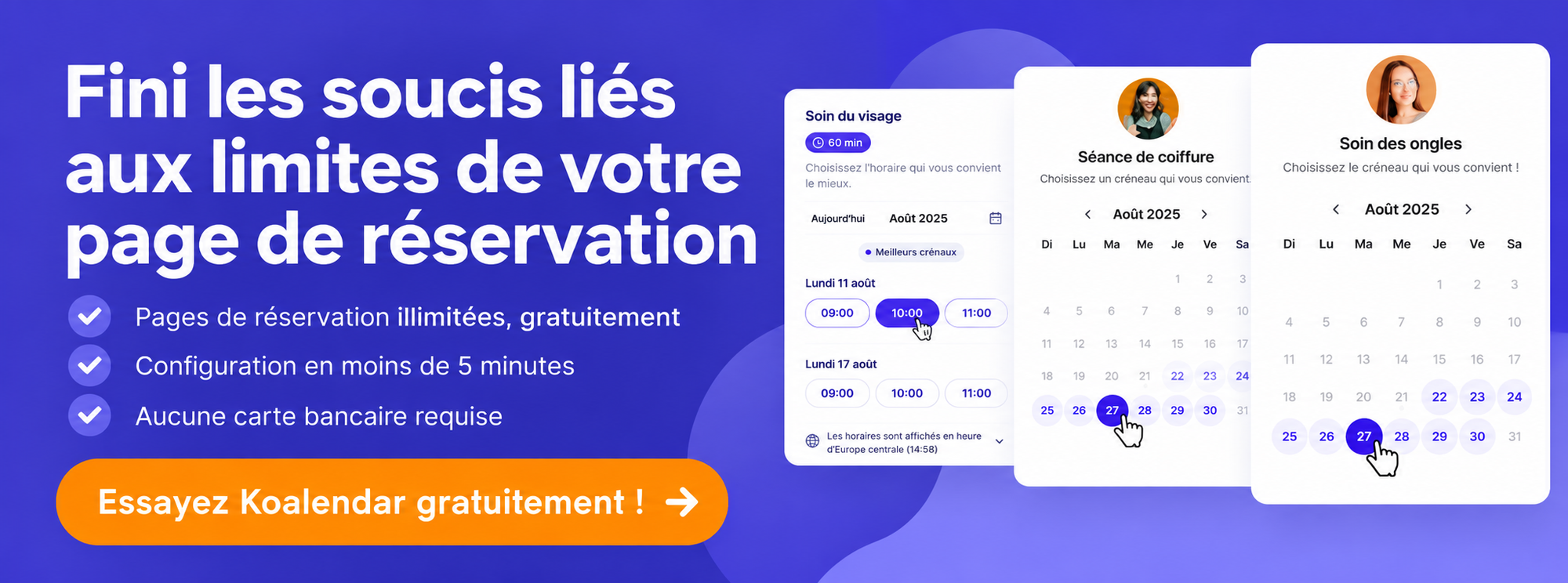 Bannière Koalendar présentant des pages de réservation gratuites et illimitées comme une alternative au coût de Google Workspace.