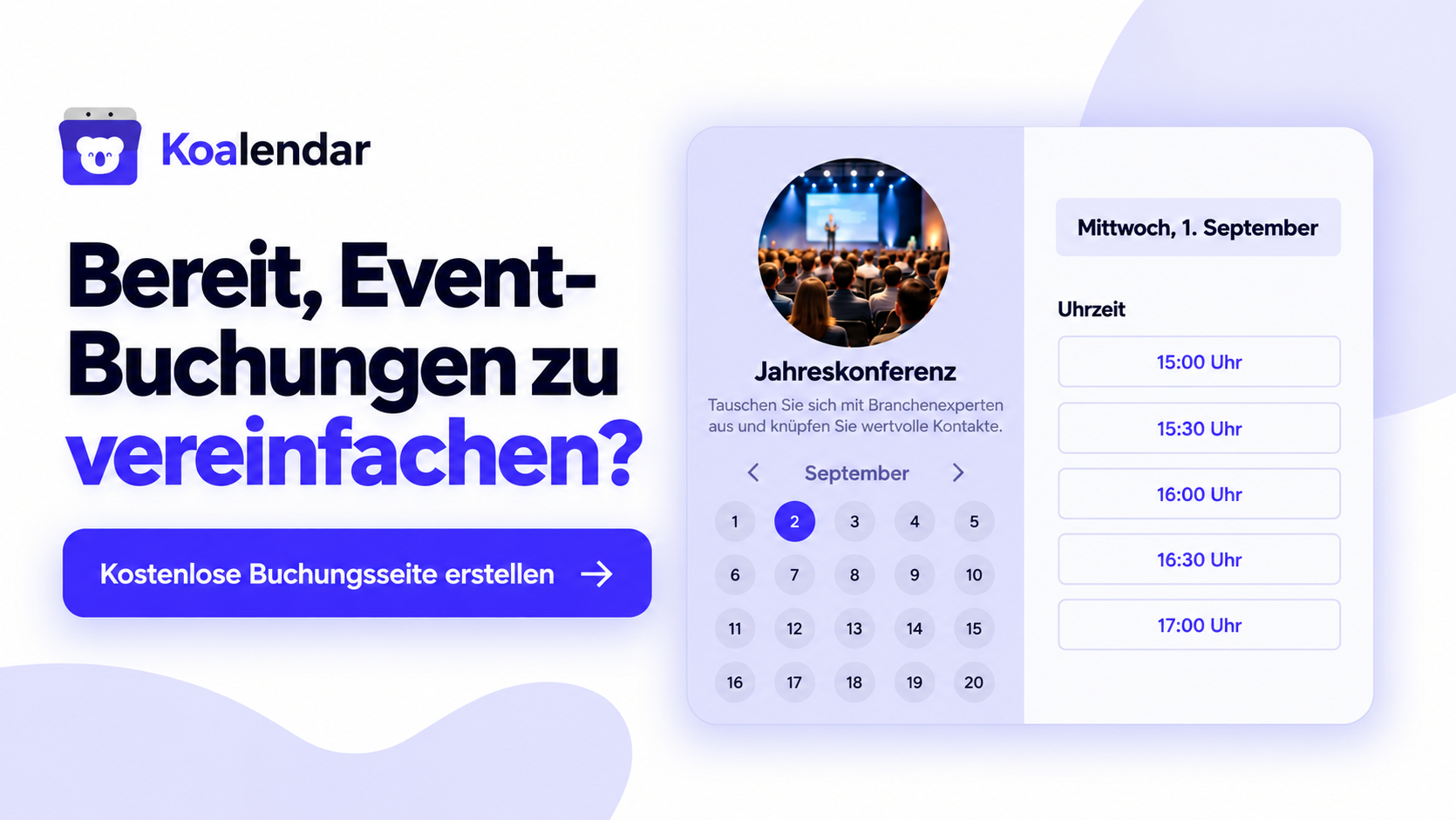 Koalendar-Banner, der Veranstalter dazu einlädt, Eventbuchungen mit einer Raumbuchungssoftware für Veranstaltungen zu vereinfachen