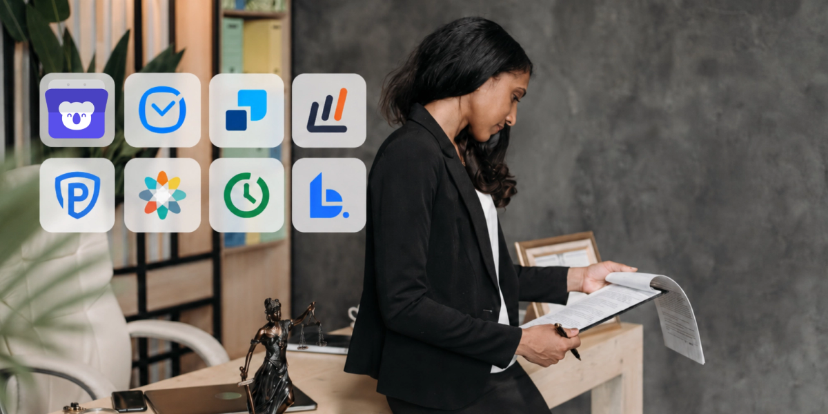 Legal calendaring software tools logos displayed over a modern law office workspace