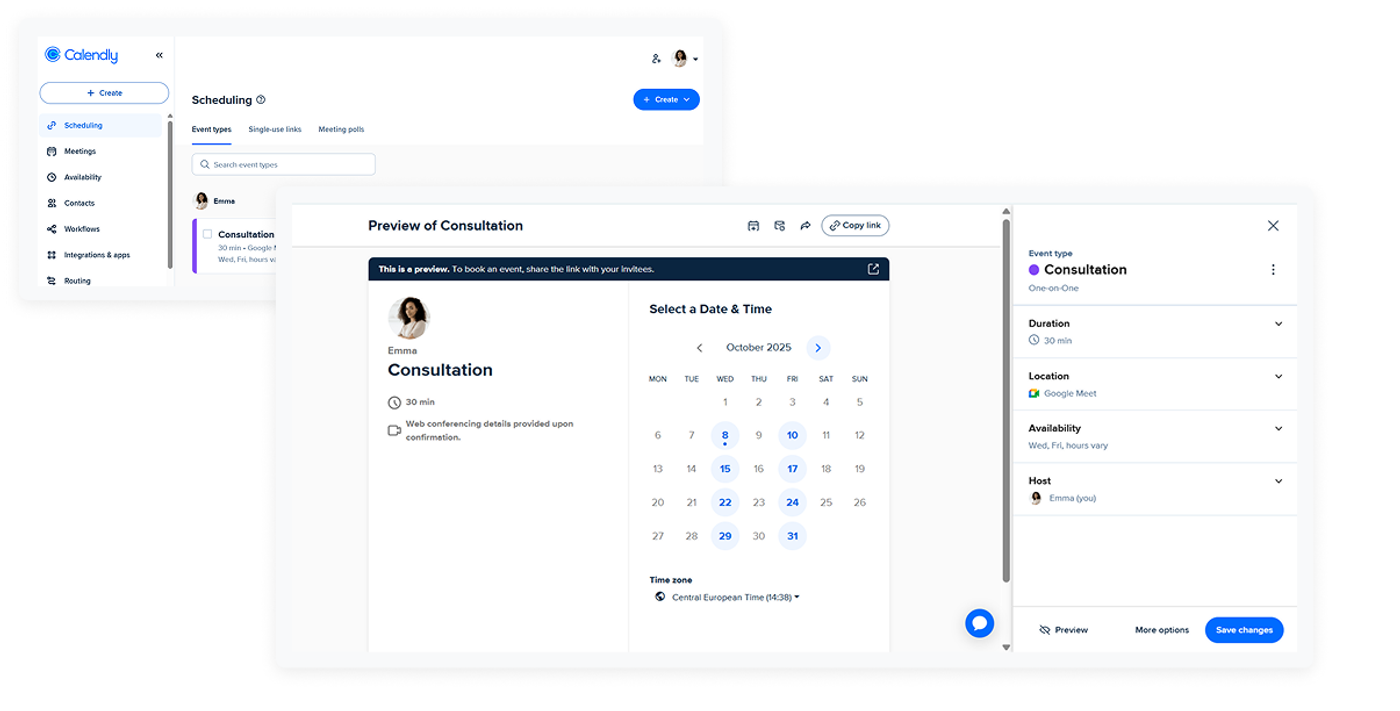 Screenshots from calendly scheduling software to comapre calendly vs acuity scheduling
