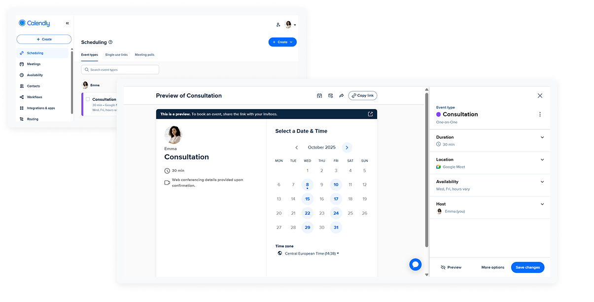 Screenshots from calendly scheduling software to comapre calendly vs acuity scheduling