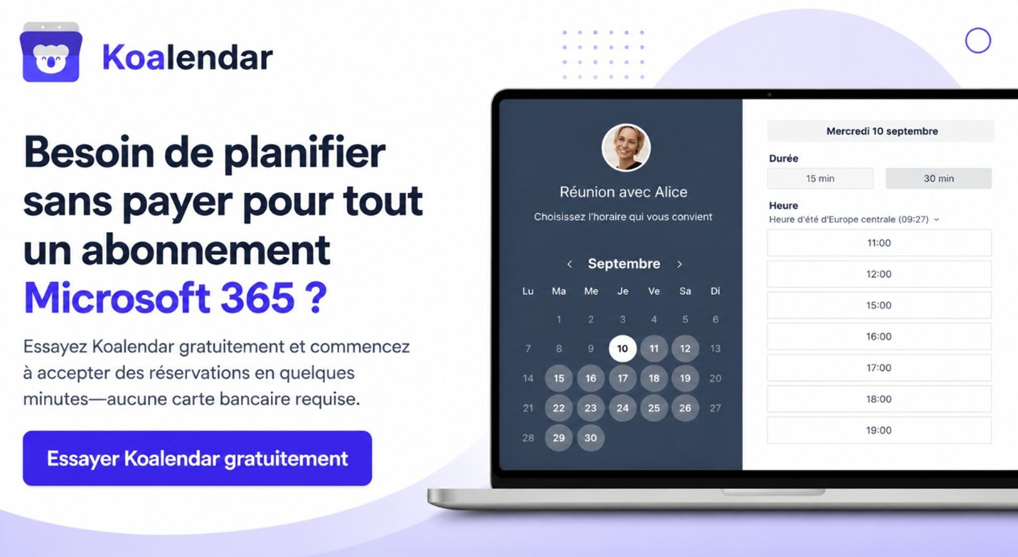 bannière de Koalendar permettant de planifier des réunions sans abonnement Microsoft
