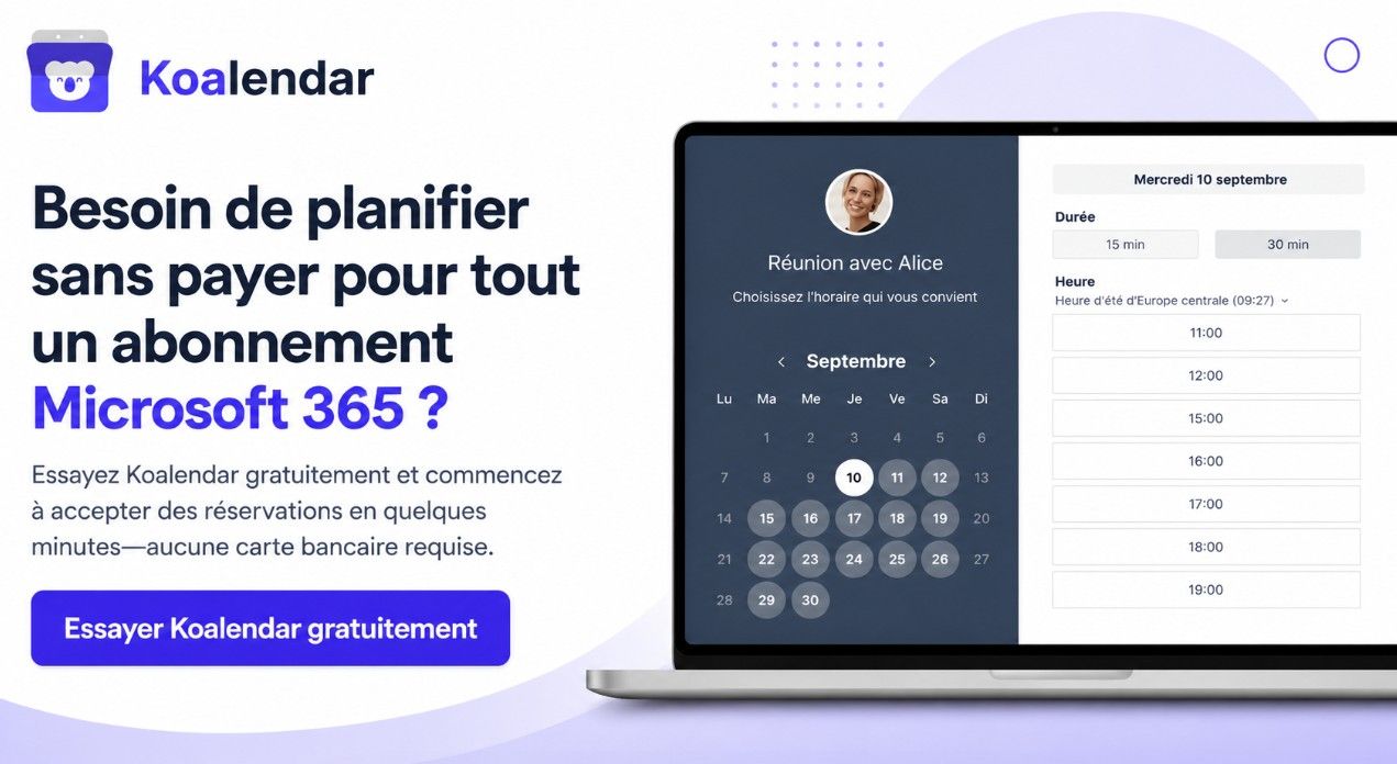 bannière de Koalendar permettant de planifier des réunions sans abonnement Microsoft