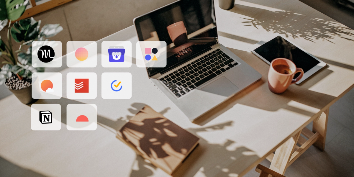 Akiflow alternatives logos over a sunlit desk with a laptop, tablet, notebook and coffee cup.