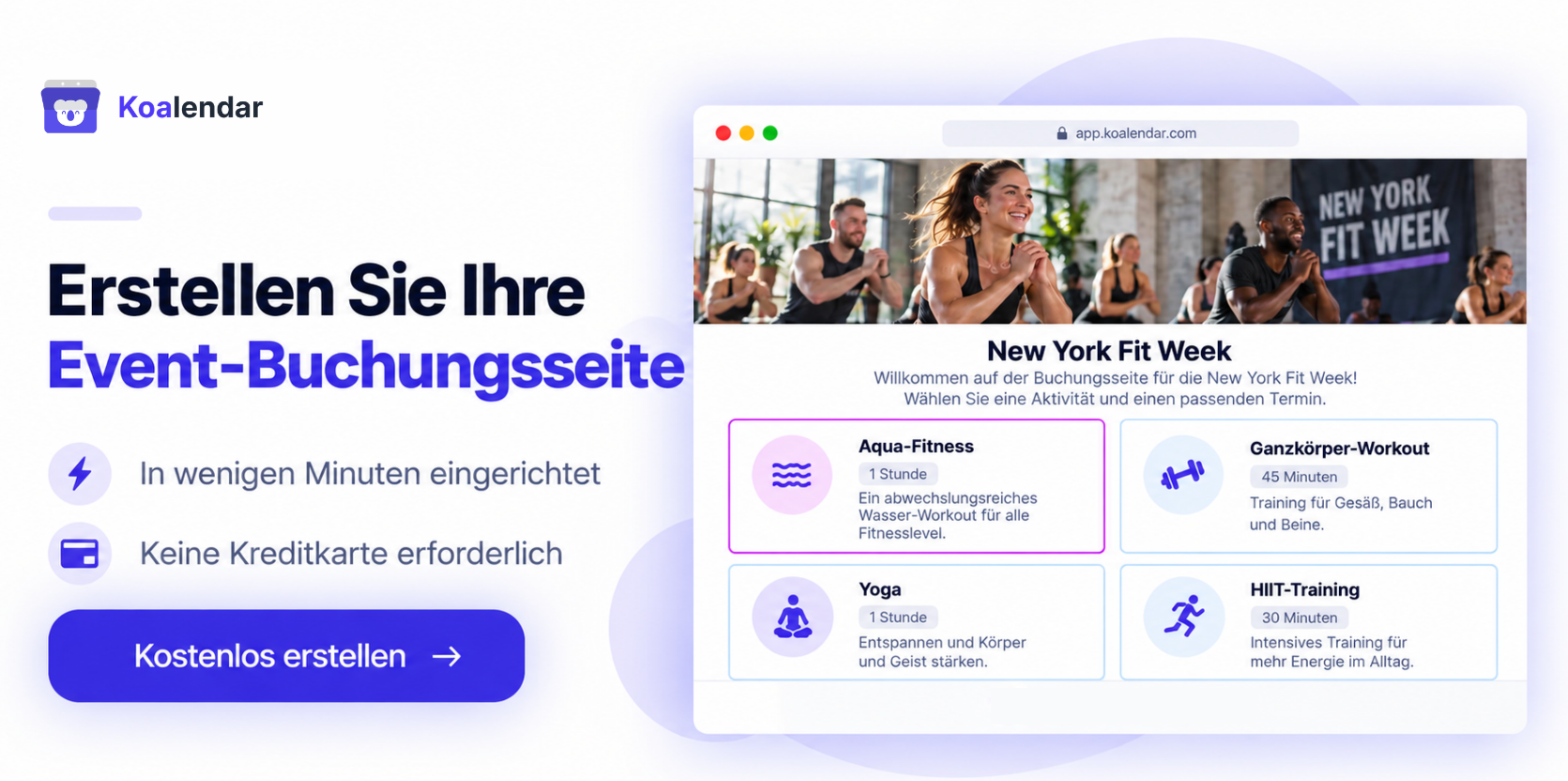 Koalendar-Banner mit einer Event-Buchungsseite, die als Software zur Veranstaltungsplanung dient