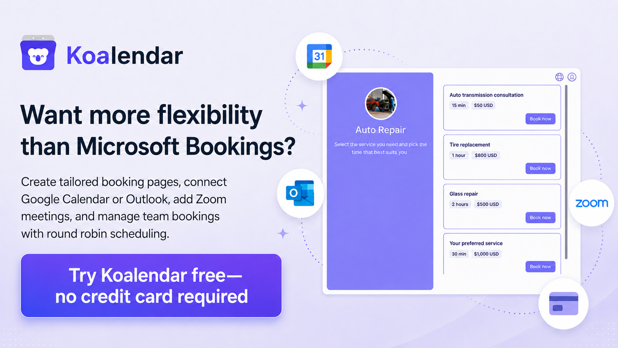 Microsoft Bookings pricing alternative with Koalendar booking page featuring flexible customization, Google Calendar, Outlook, Zoom, and team scheduling.