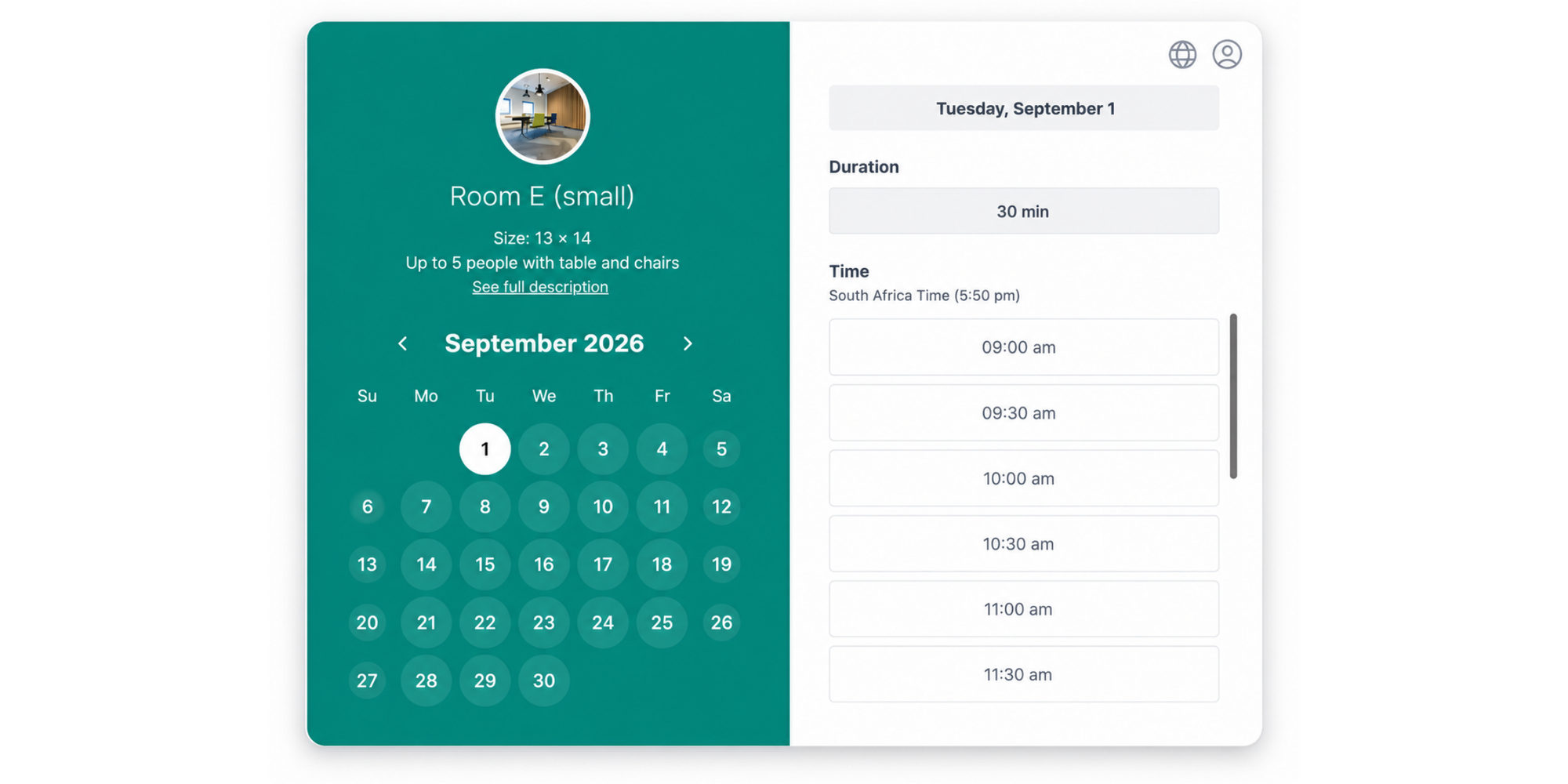 booking page for a room facility rental made with koalendar best facility scheduling software