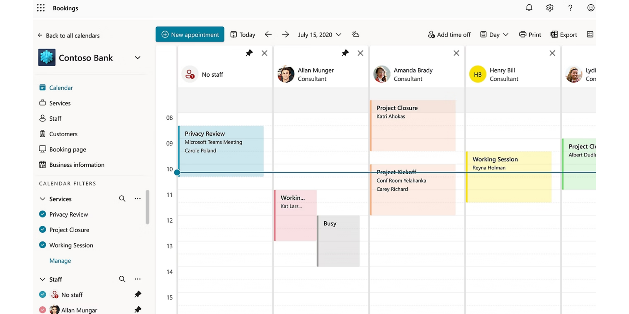 picture showcasing microsoft bookings features with a team calendar view