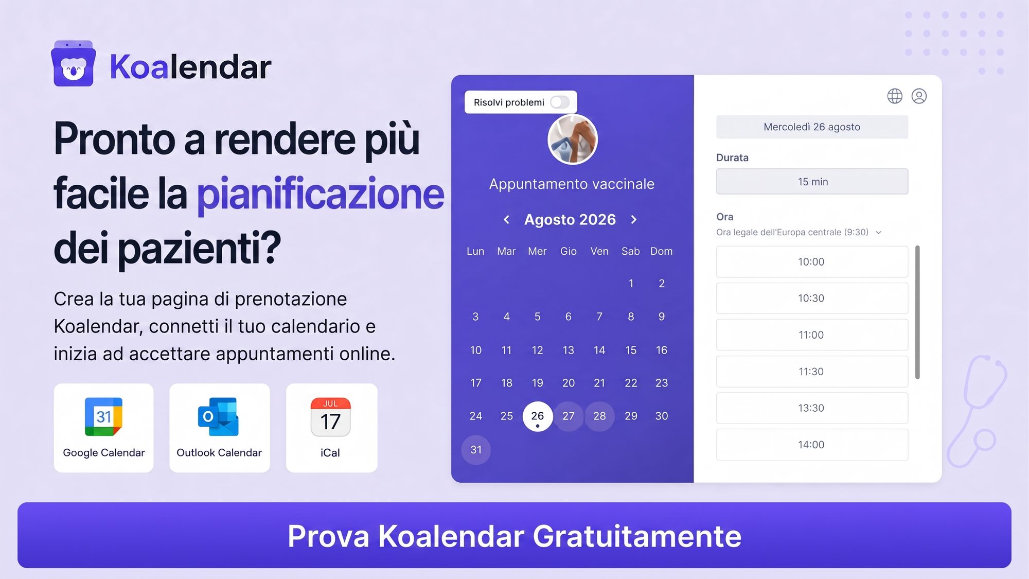 Banner del sistema di pianificazione degli appuntamenti dei pazienti di Koalendar per migliorare l'efficienza della gestione degli appuntamenti