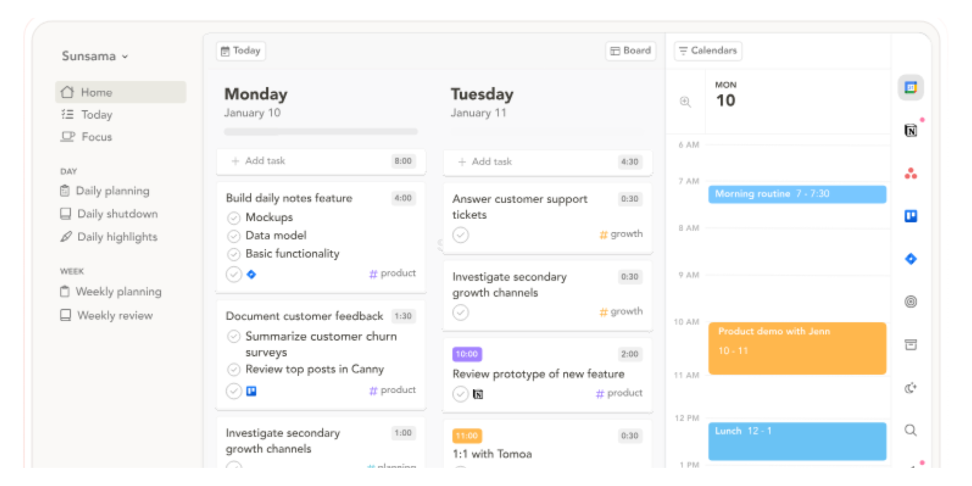 dashboard of sunsama reducing scheduling fatigue with groupped tasks by day