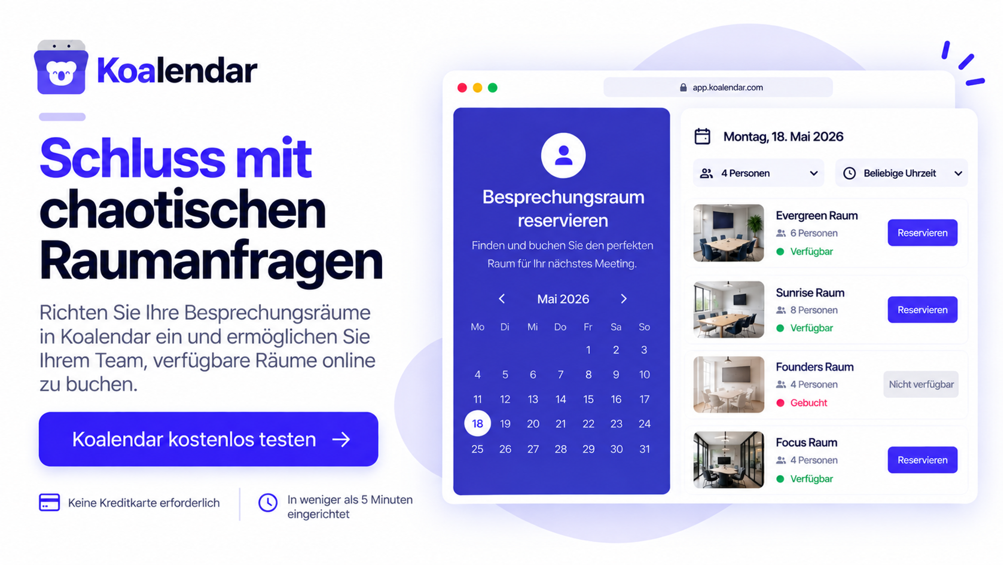 Banner des kostenlosen Buchungssystems von Meetingsräumen von Koalendar