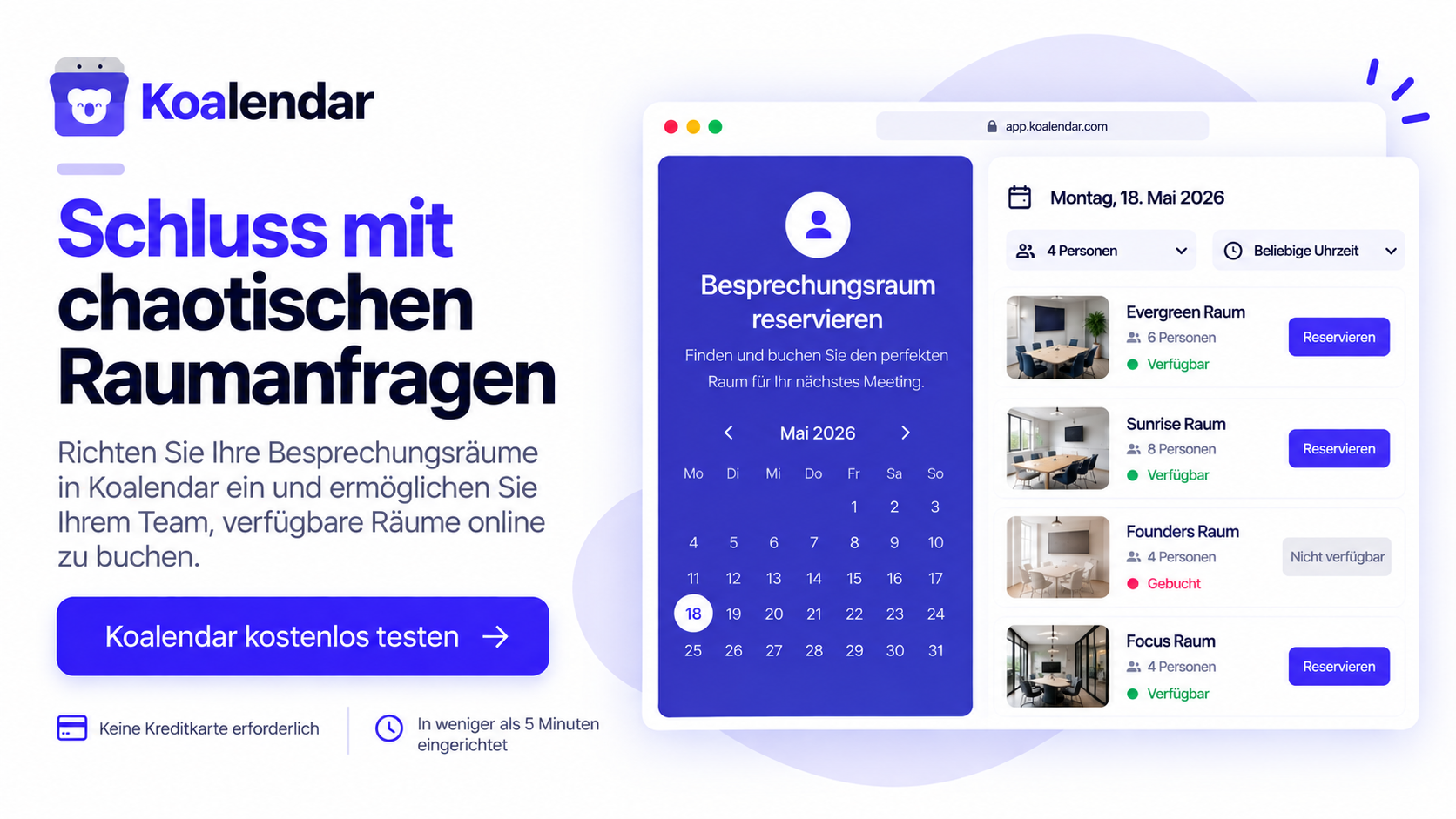 Banner des kostenlosen Buchungssystems von Meetingsräumen von Koalendar