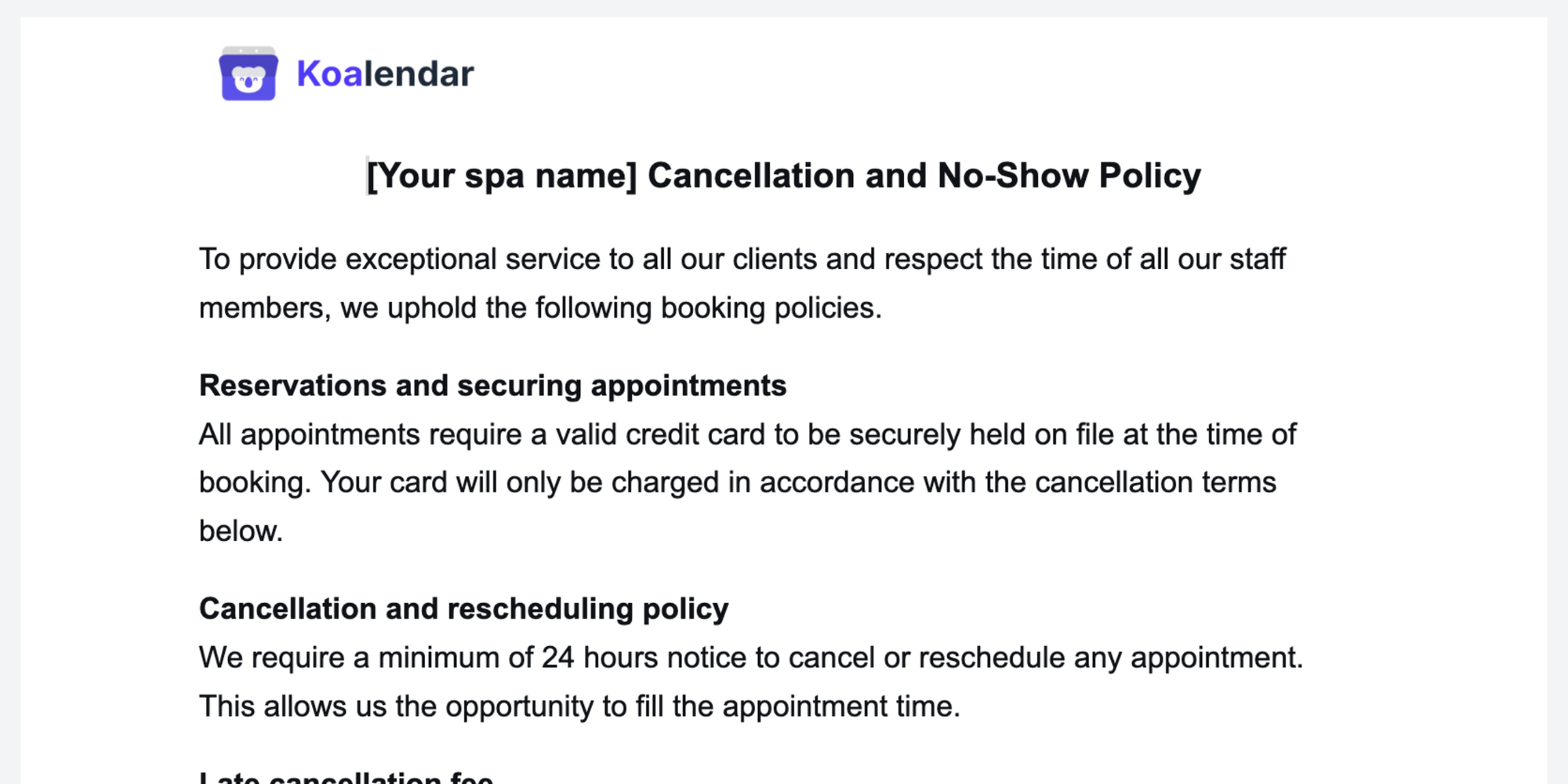 spa cancellation policy template