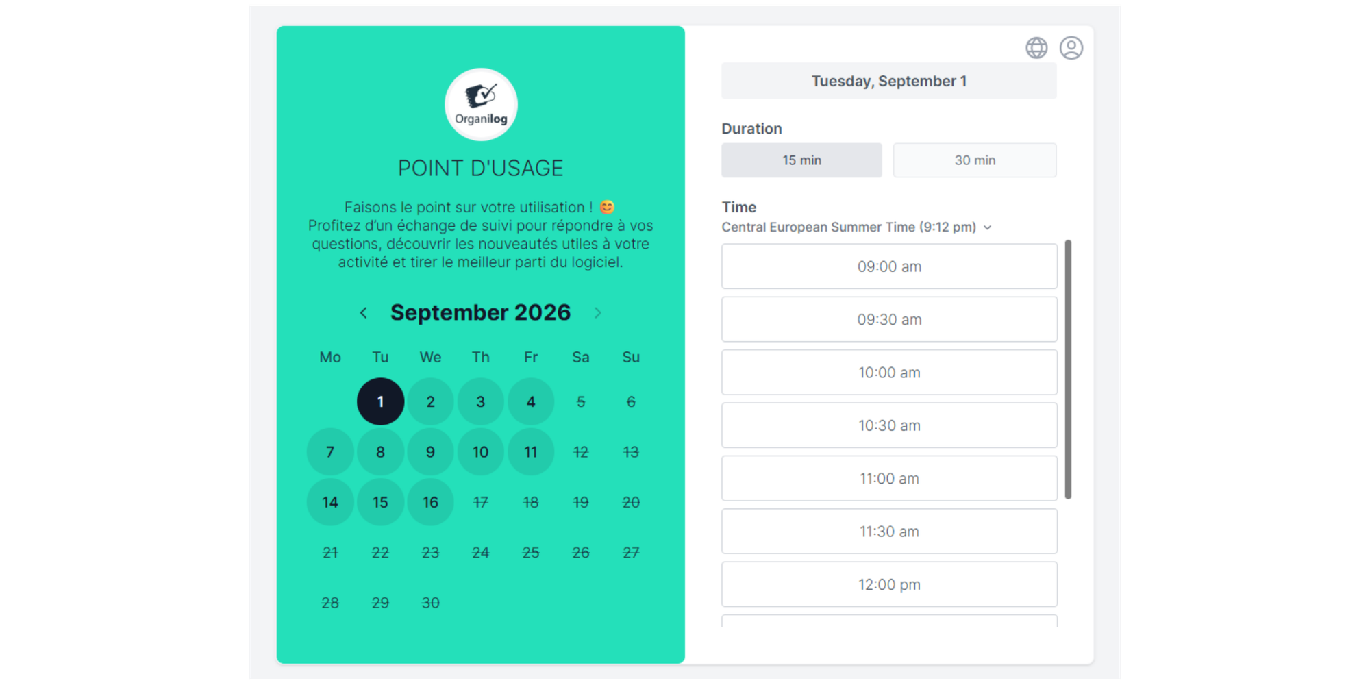 organilog booking page made with koalendar