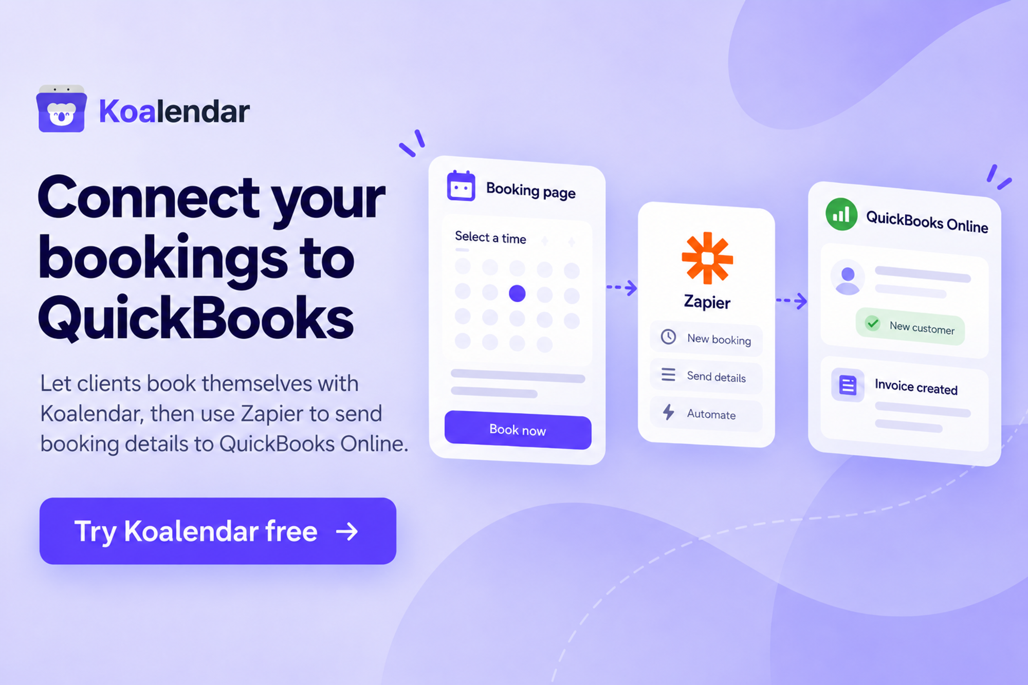 Koalendar banner showing booking details sent through Zapier to QuickBooks Online with scheduling software that integrates with quickbooks.