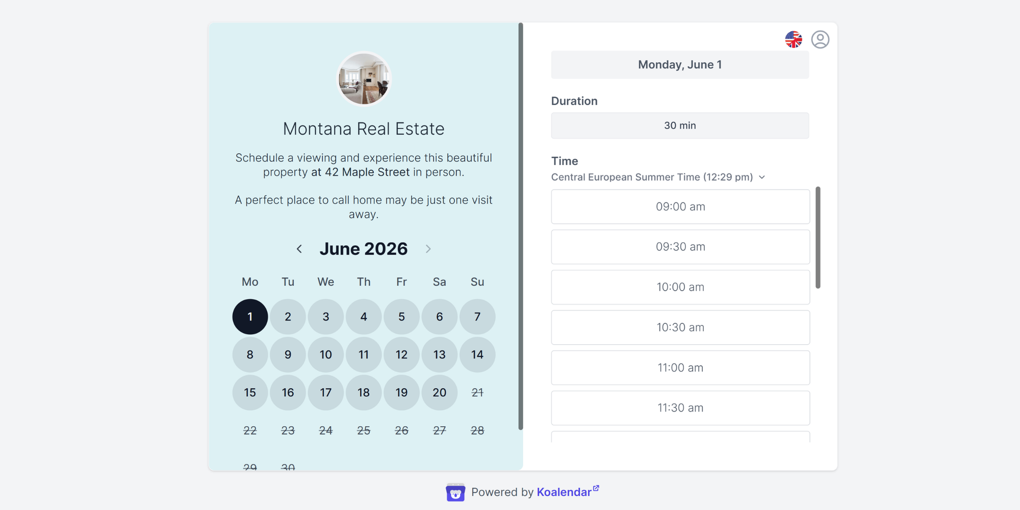 booking page for real estate made with Koalendar for better real estate workflow automation 