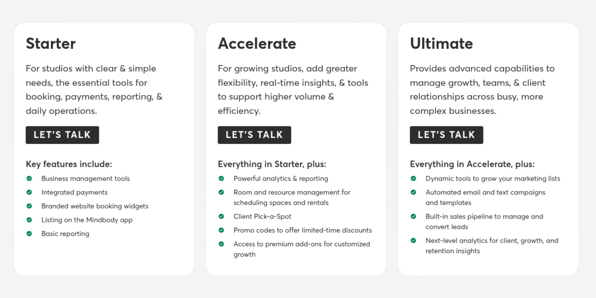 screenshot of Mindbody pricing plans