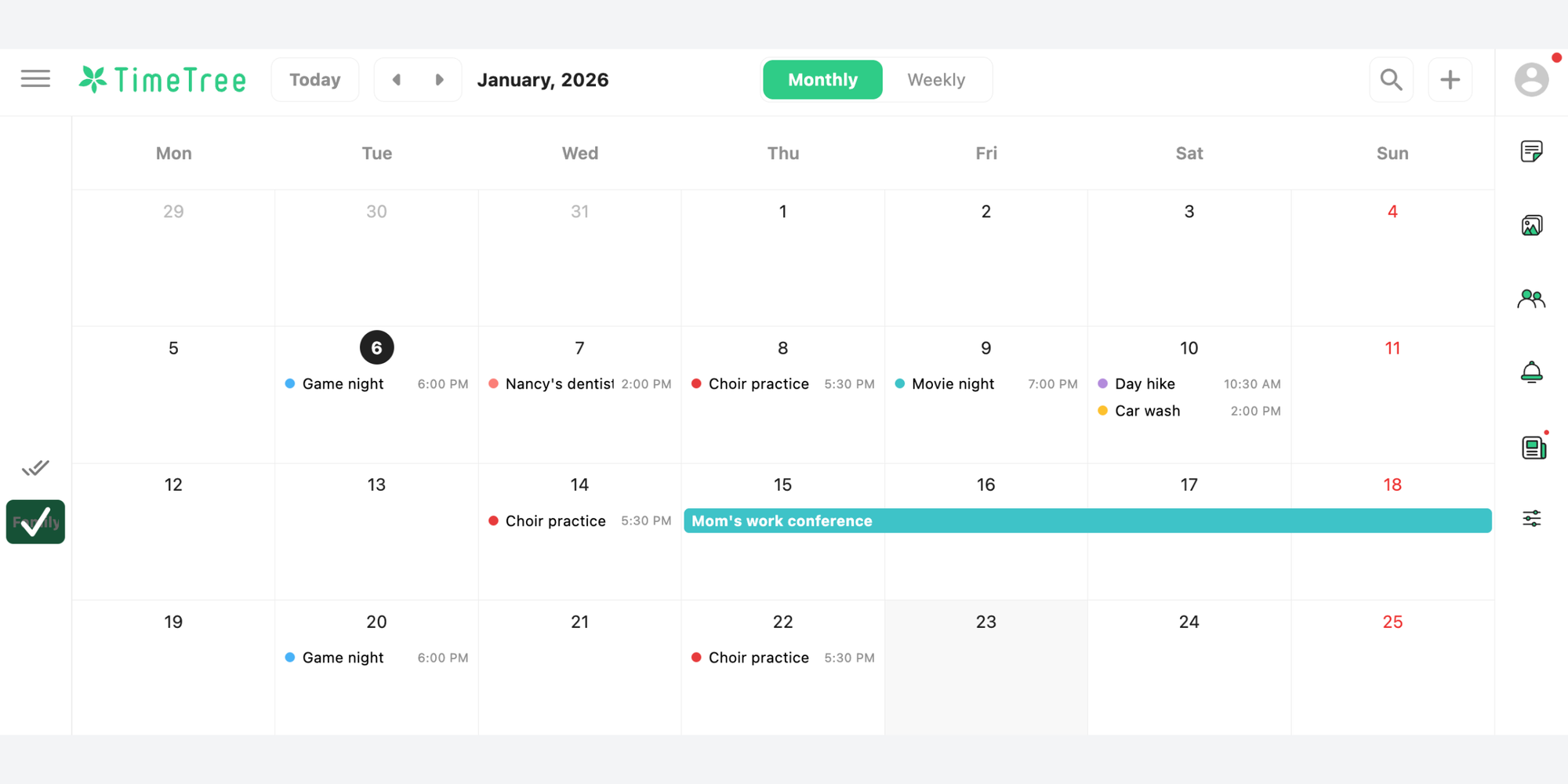 TimeTree monthly view shows a multi-user calendar with color-coded schedules to share plans with family