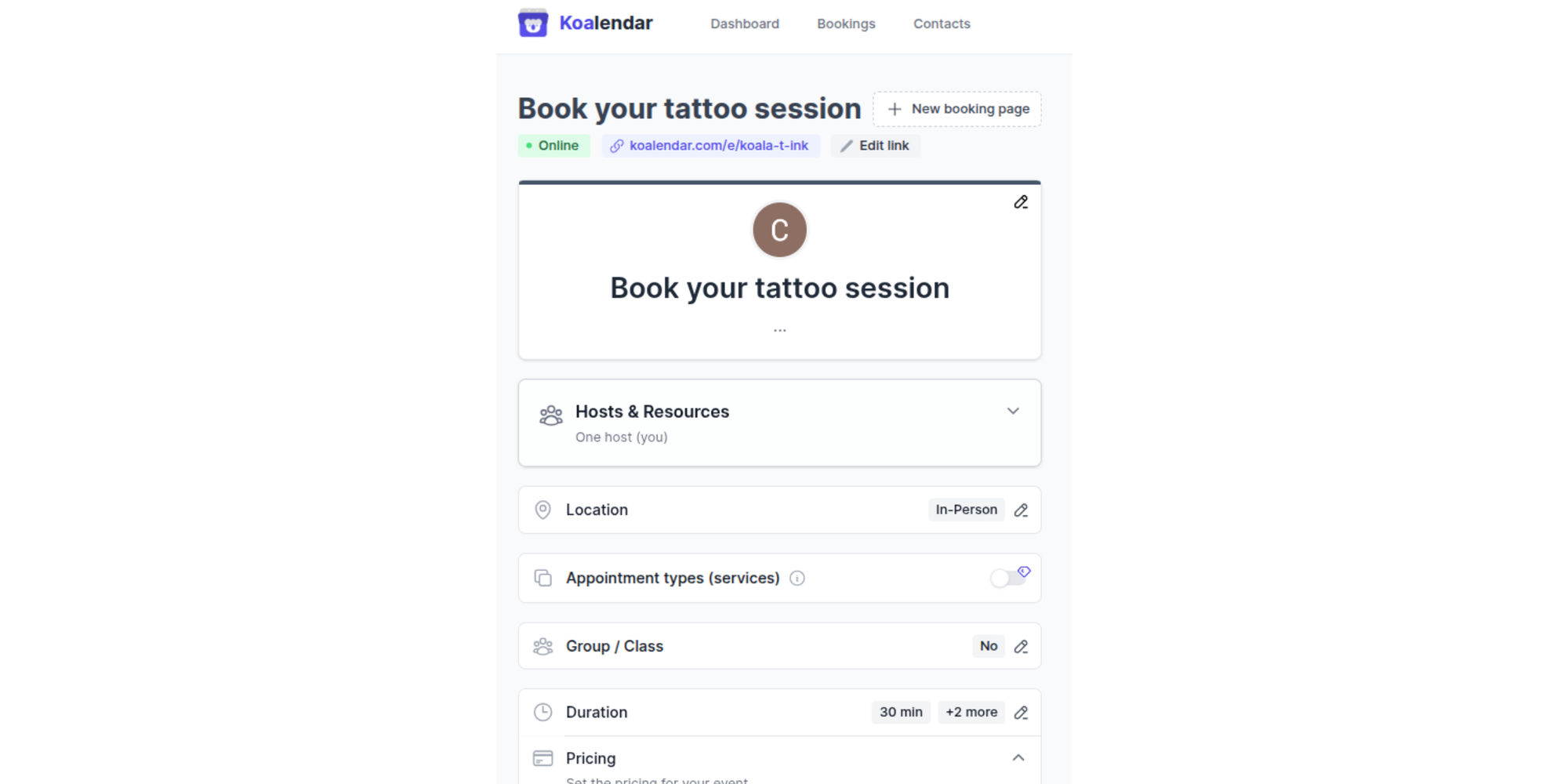 Koalendar booking page customization for a tattoo shop