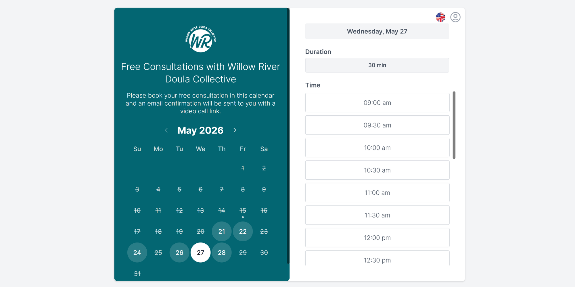 willow river doula collective booking page made with koalendar