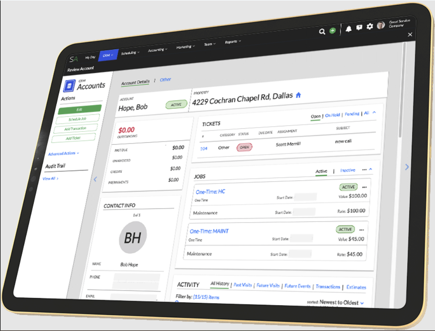 Tablet computer showing a dashboard on the Service Autopilot lawn care software