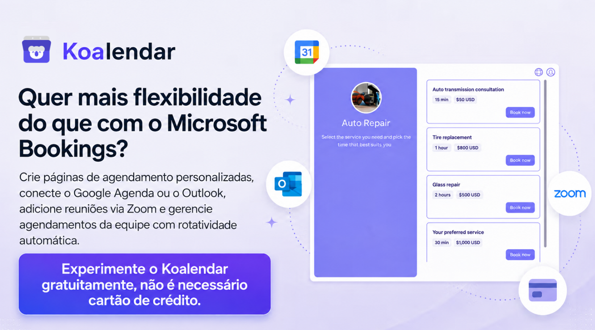 Alternativa ao Microsoft Bookings com a página de agendamento do Koalendar, oferecendo personalização flexível, integração com Google Agenda, Outlook, Zoom e agendamento em equipe.