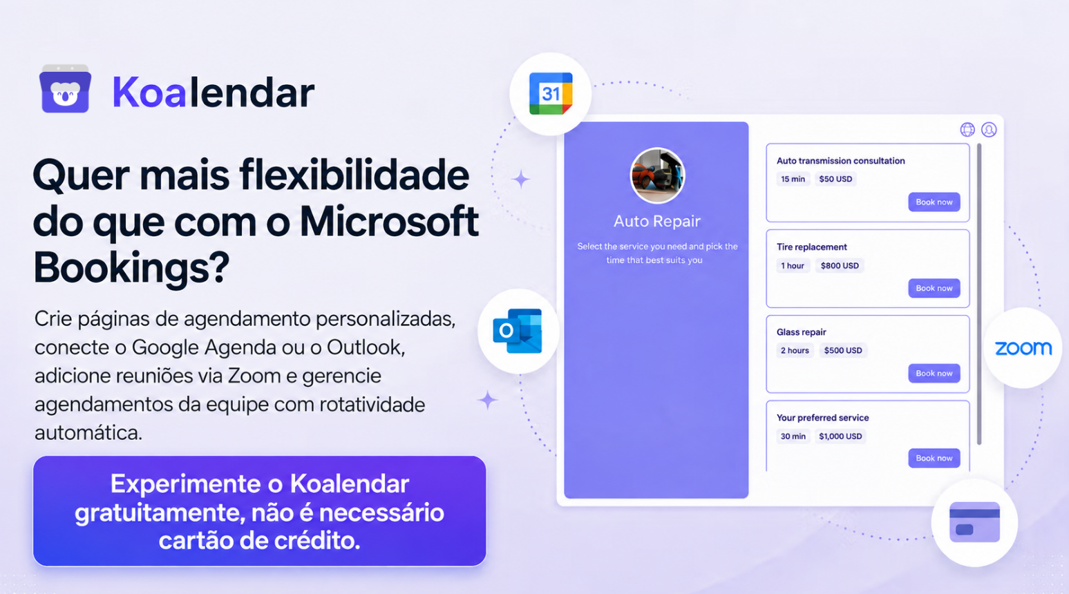 Alternativa ao Microsoft Bookings com a página de agendamento do Koalendar, oferecendo personalização flexível, integração com Google Agenda, Outlook, Zoom e agendamento em equipe.