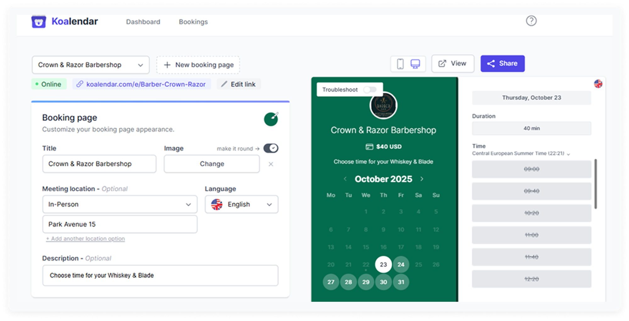 Interfaz de la página de reservas Koalendar, la mejor aplicación de reservas para barberías