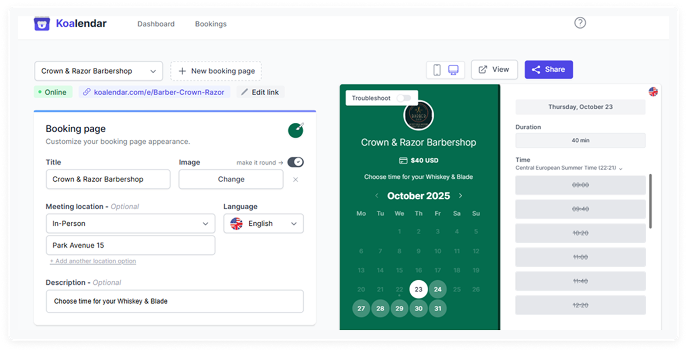 Booking page interface Koalendar best barber booking app