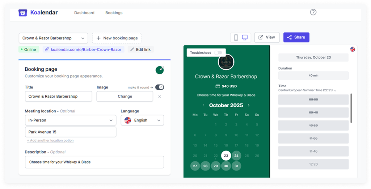 Booking page interface Koalendar best barber booking app