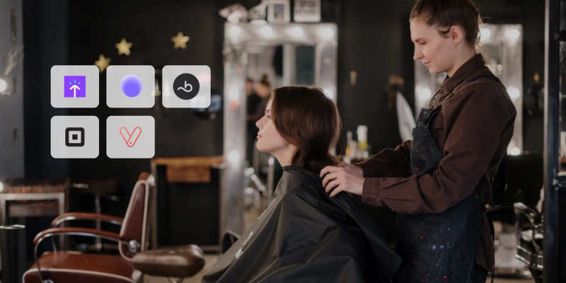 Hairstylist attending to a client beside booking platform logos, illustrating Fresha alternative options for salons.
