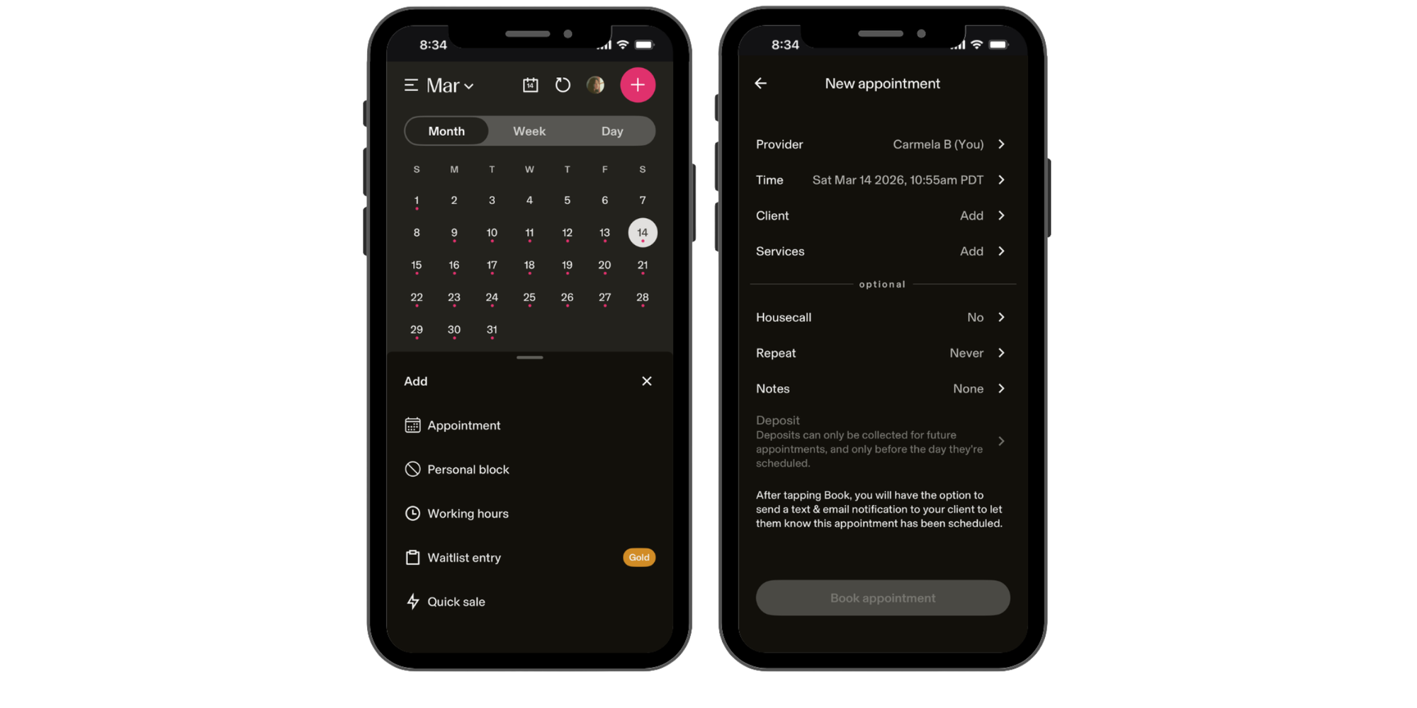 Appointment scheduling setup in the GlossGenius mobile app