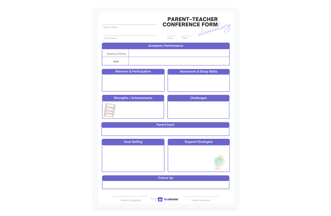 screenshot of parent-teacher conference form for elementary designed by koalendar 