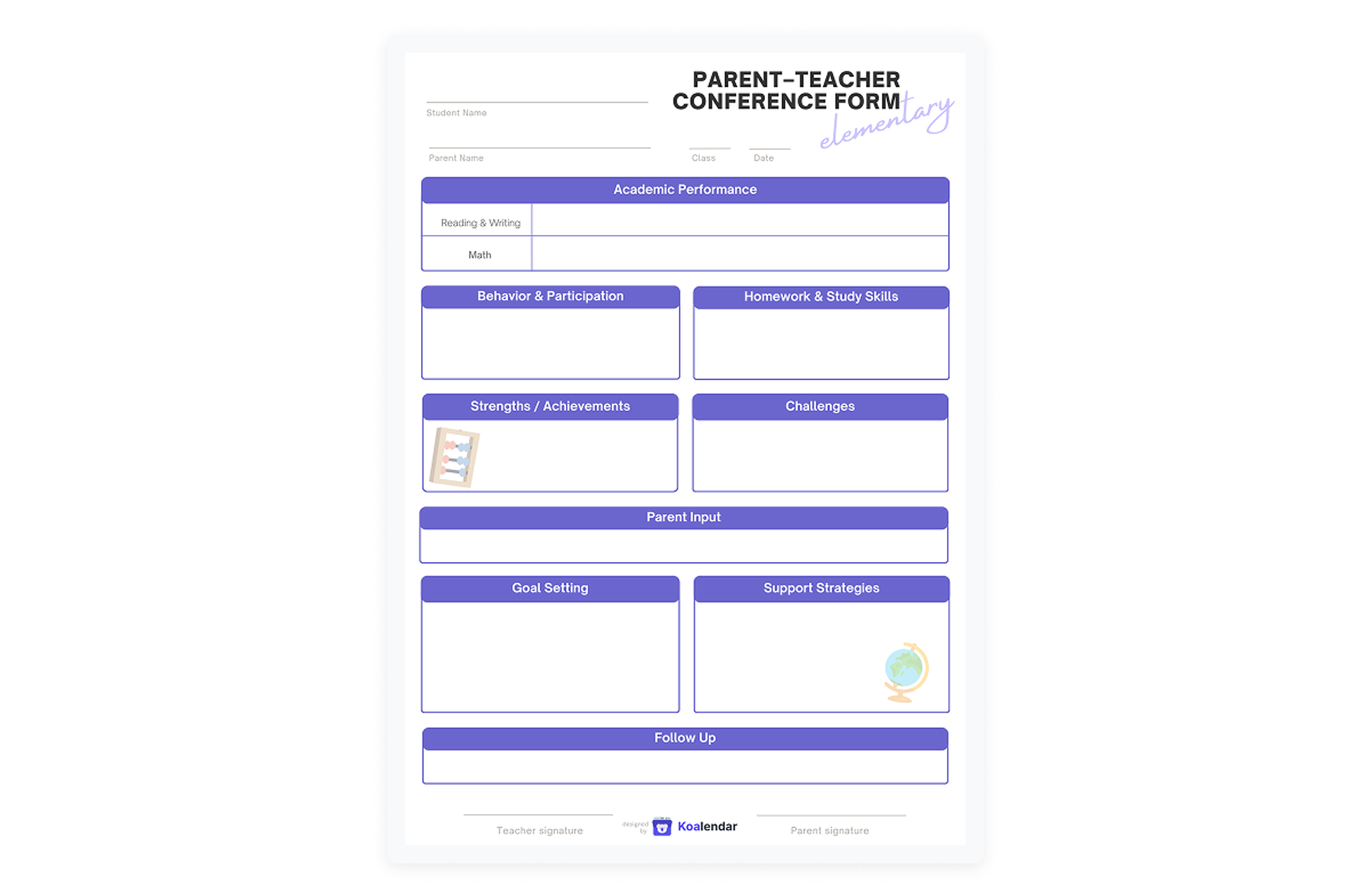 screenshot of parent-teacher conference form for elementary designed by koalendar 